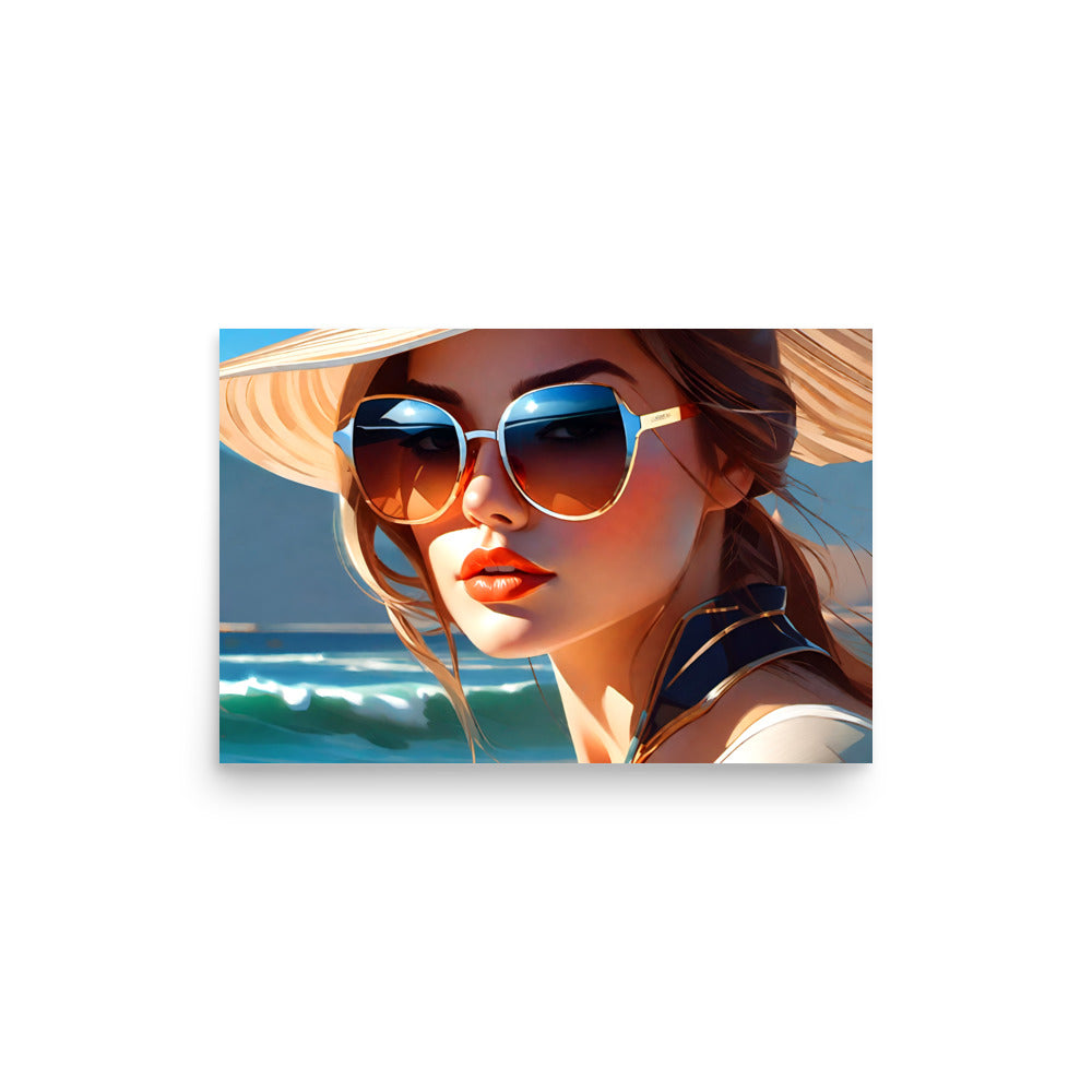 Blonde female figure dons gradient sunglasses. Illustration portrays her relaxing on beach. Stylized digital art piece.