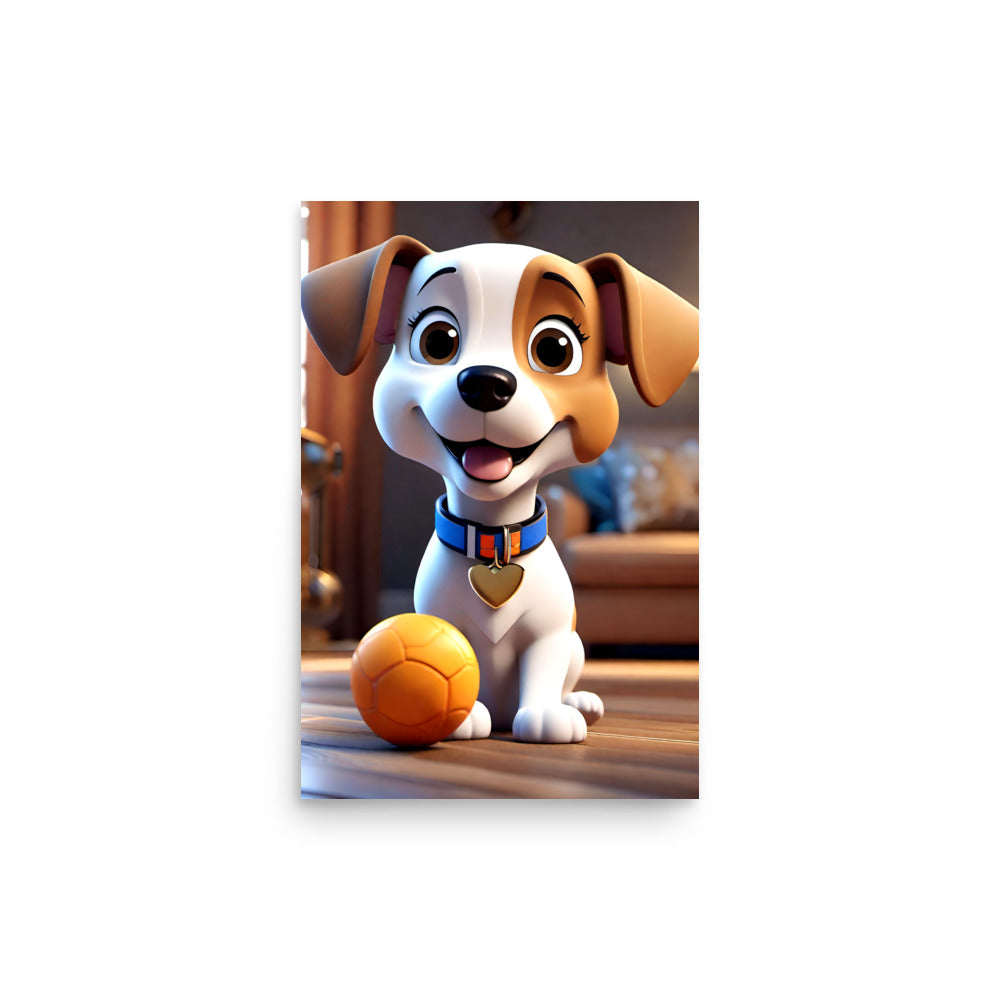 The adorable animated puppy sits playfully. Its bicolored fur and expressive eyes convey joy. An orange ball and blue collar add charm. The blurred background highlights the pup's endearing nature.