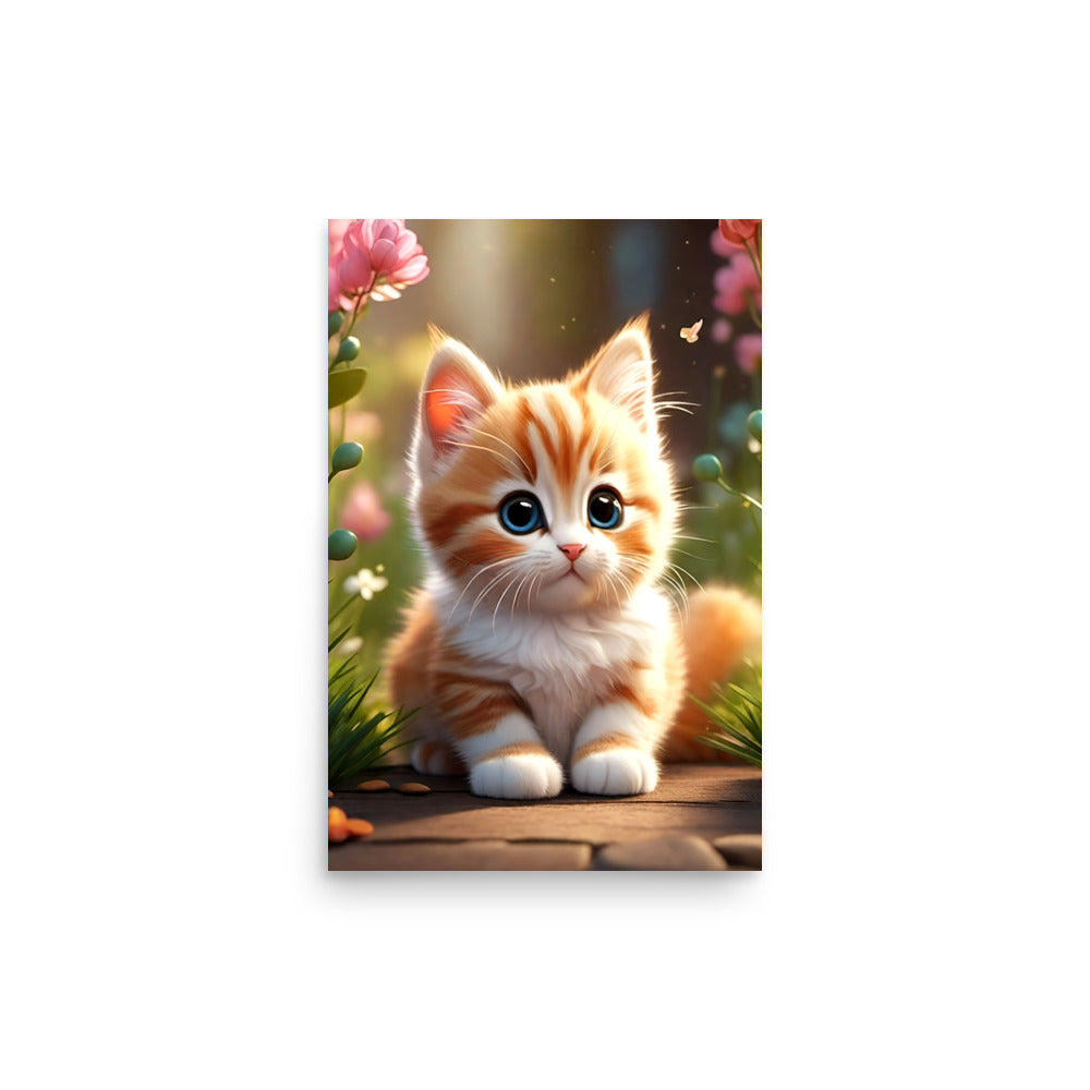 Vibrant kitten illustration charms with ginger fur, blue eyes gleaming curiously. Dreamy garden backdrop features wooden path, pink flowers, butterflies. Whimsical innocence sparks wonder during feline encounter.