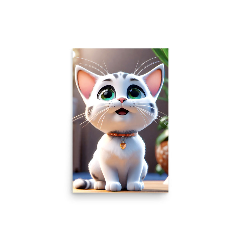 Plump, fluffy white cat has curious green eyes, pink ears. Black whiskers, nose, smiling mouth adorns face. Orange collar with heart charm encircles neck. Blurred domestic background highlights charming feline.