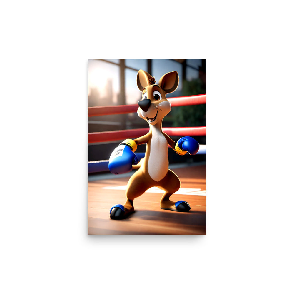 Kangaroo character dons boxing gloves, ready. It assumes fighting stance in boxing ring. Cheerful expression graces its face.