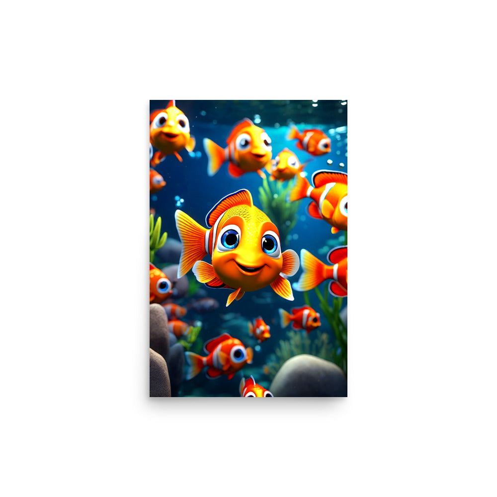 Vibrant clownfish teem in lively scene. Friendly orange-white striped fish swims forward joyfully. Intricate details capture stripes, fins beautifully. Rich blue ocean backdrop shows bubbles, coral, seagrass. Captures marine life wonder with energy.