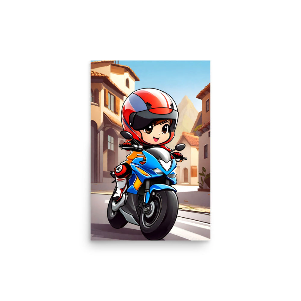 Red-blue suited character wears red helmet. Cheerful expression on face when riding sleek motorcycle. Warm European cityscape lines street scene.