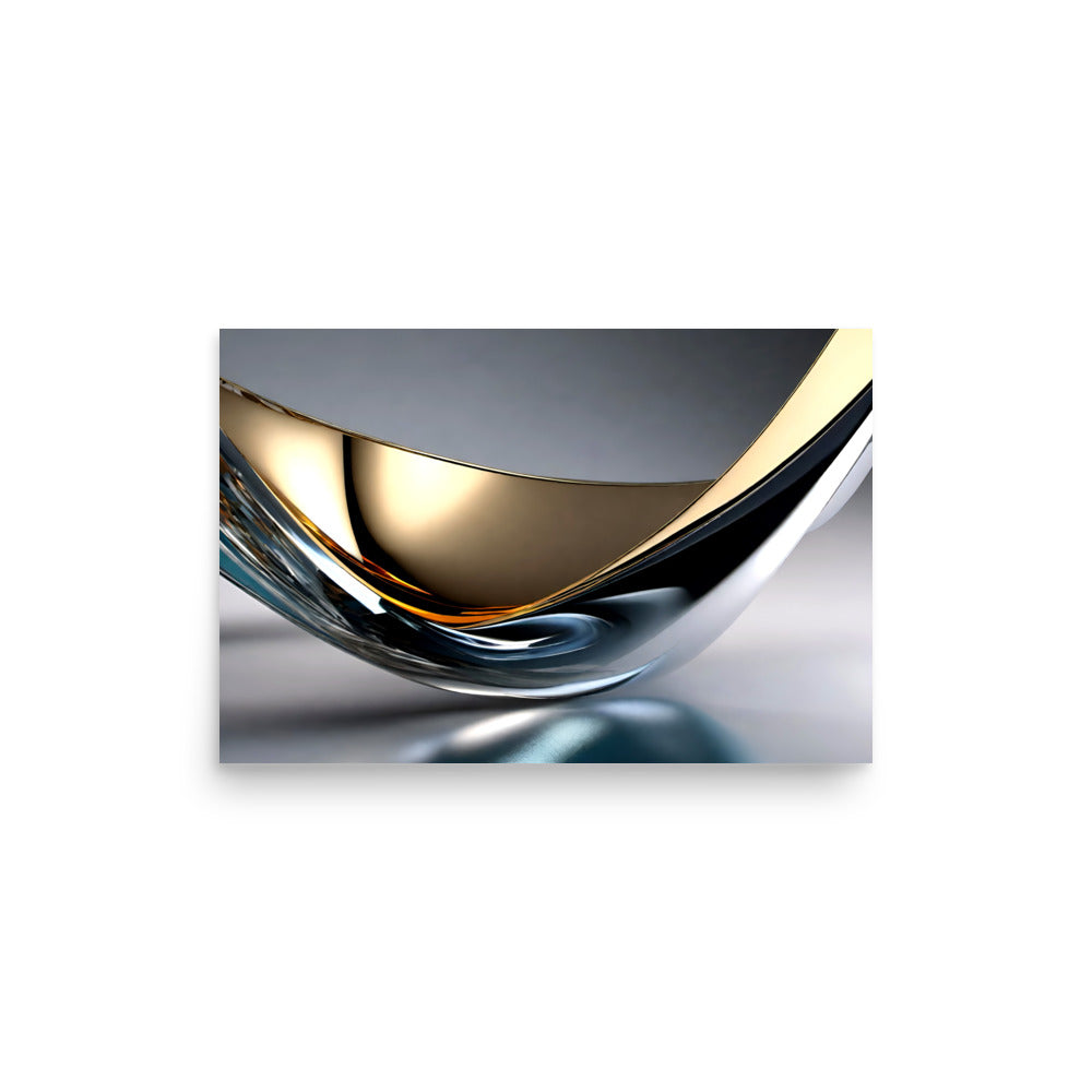 The vibrant glass sculpture features fluid curves. Golden, amber, and blue hues interact with light. Seamless lines emanate elegance and dynamism.