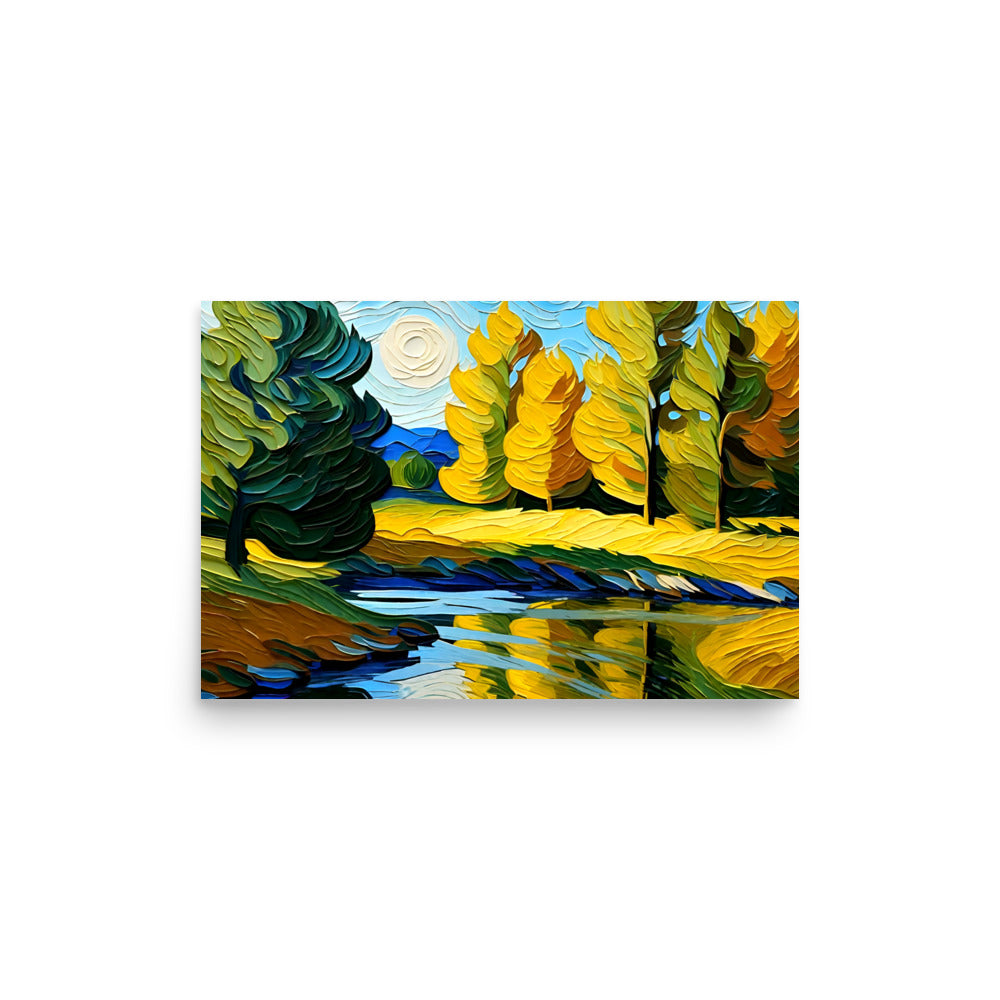 Gold and emerald colored trees near a serene river, that's reflecting the treeline.