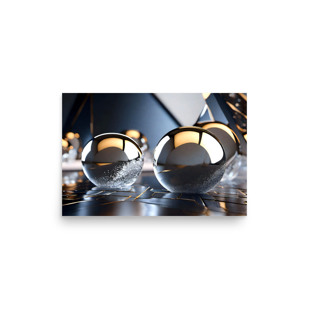 Two captivating glass spheres exude elegance. Polished orbs are crafted with precision. Glossy surfaces reflect warm illumination beautifully. Mesmerizing specks swirl within each sphere. Sleek metallic surface provides dark backdrop.