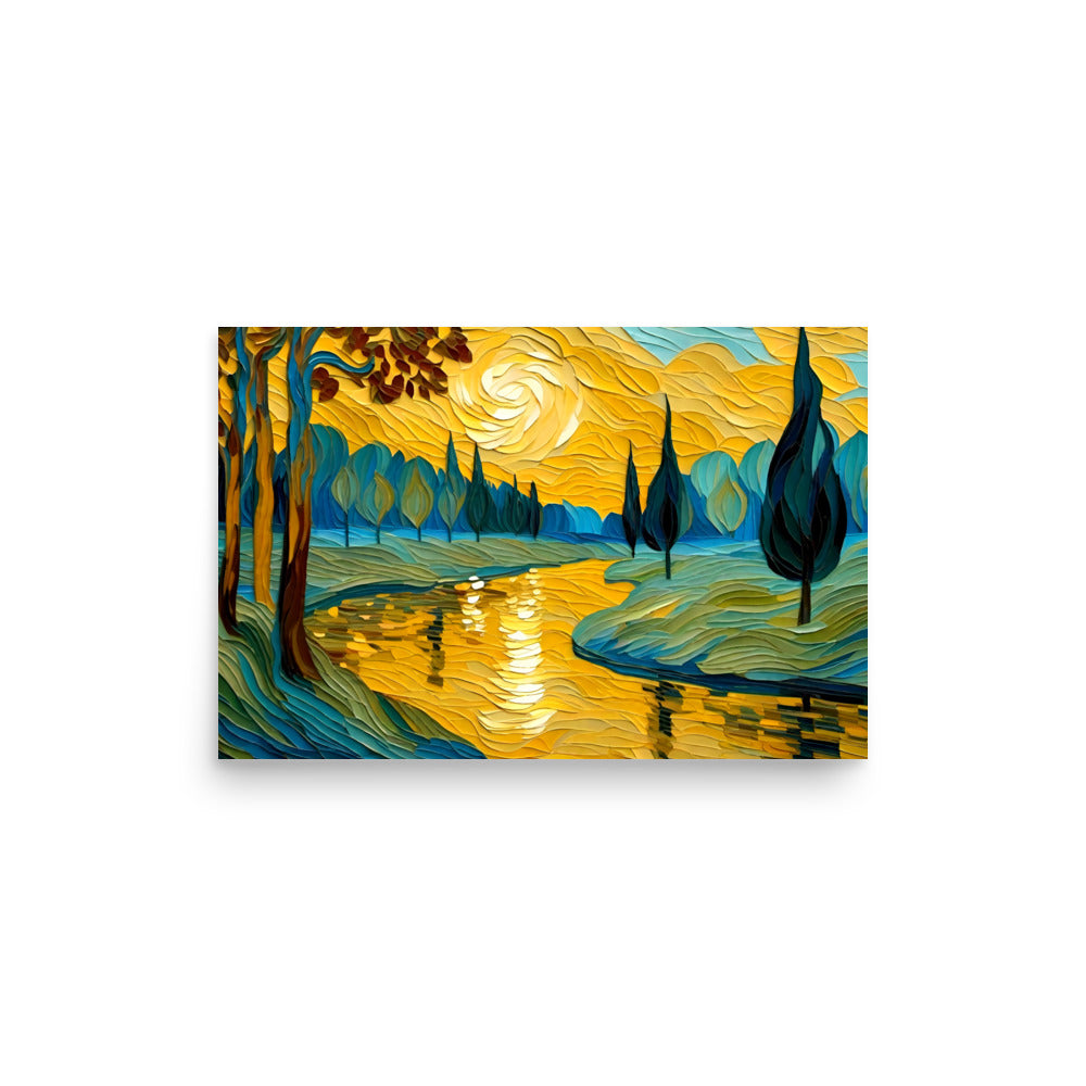 Golden skies swirl vibrantly above scene. Blue-green trees with twisting trunks frame cypress scenery. Tranquil pond mirrors golden sunburst hues perfectly. Bold color palette, thick brushstrokes create dynamic movement.