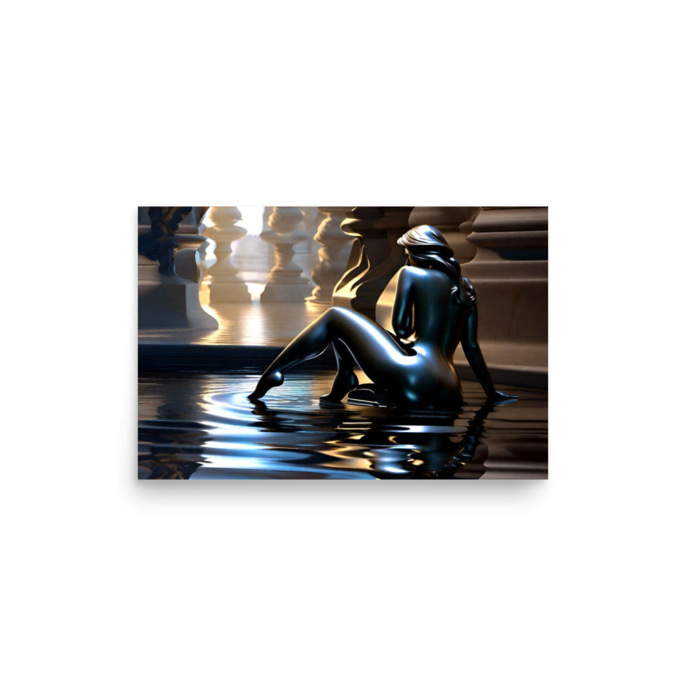 The crouching metallic humanoid figure exudes luminosity. Mesmerizing reflections shimmer beneath its sleek form. Ornate chess pieces juxtapose futuristic elements provocatively. Light intertwines with organic and inorganic shapes through shadows.