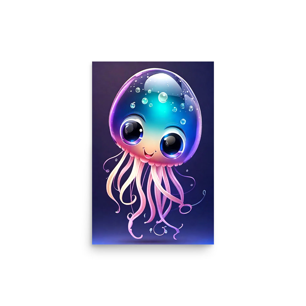 Vibrant jellyfish boasts blue-purple dome. Expressive eyes exude friendliness. Pink tentacles swirl delicately. Cheerful, endearing smile charms viewers.