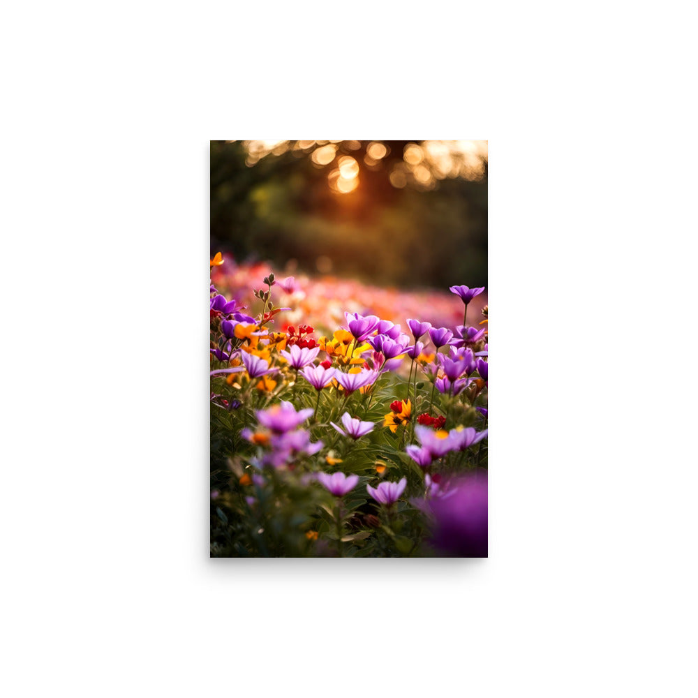 Purple daisies unfurl delicate petals. Crimson blossoms cheer with warm radiance. Verdant foliage surrounds the dreamy scene. Golden sunrays filter through, casting a gentle glow.