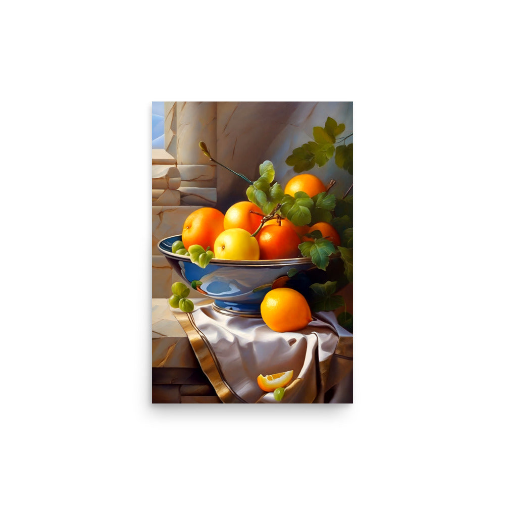 Oranges and grapes overflow from bowl. Ceramic vessel contains golden citrus radiating warmth. Dimpled peels reflect light beautifully. Verdant grape leaves contrast vivid hues. White backdrop highlights distinct shapes. Masterful lighting creates tangible realism.