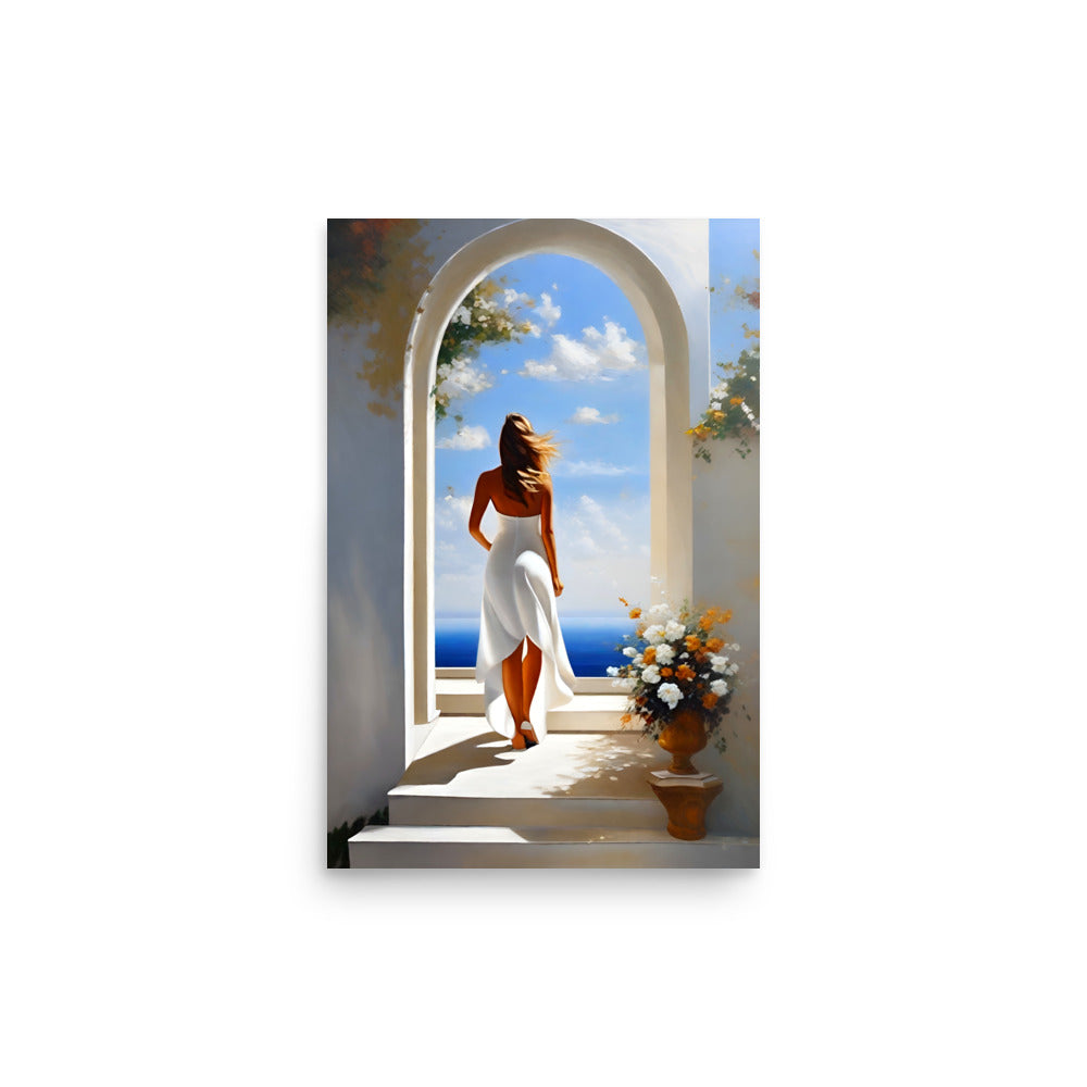 Warm sunlight bathes Mediterranean scenery. A woman in white observes through an archway, adorned with flowing dark locks. Brilliant azure sky meets sea beyond doorway's framing. Vibrant orange and white potted flowers bloom.