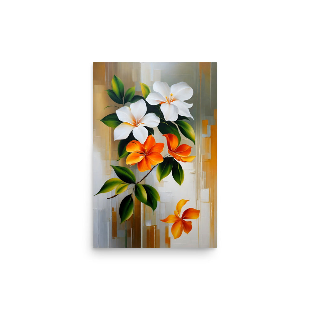 An abstract floral painting with vivid white and orange petals on the flowers.