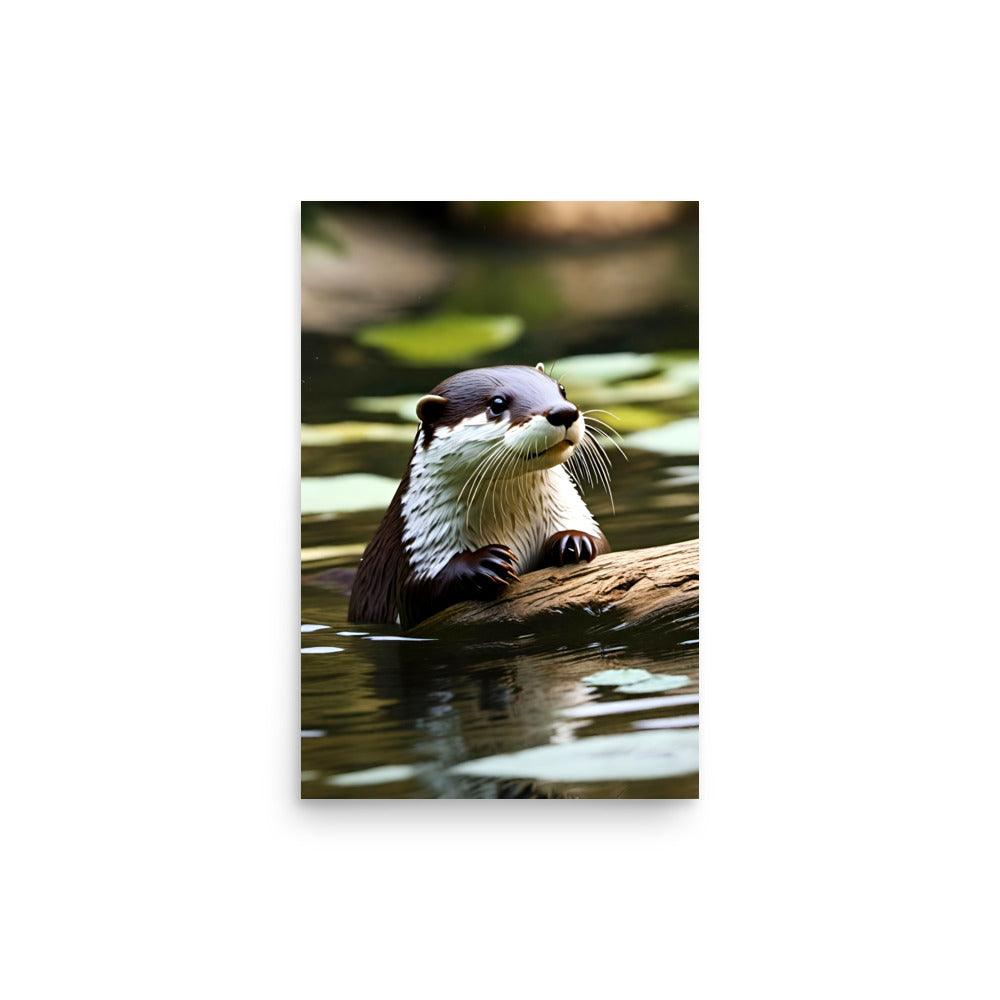 The river otter lounges elegantly upon a submerged log. Its sleek fur glistens under dappled sunlight. The otter's expressive face conveys alertness. Its streamlined body poised gracefully in calm water surrounded by verdant lily pads.