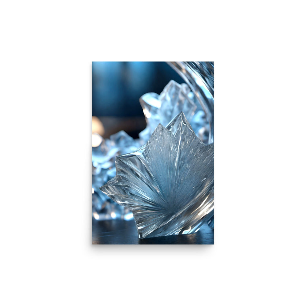 A clear glass artwork with blue white glass resembling a frozen flower.