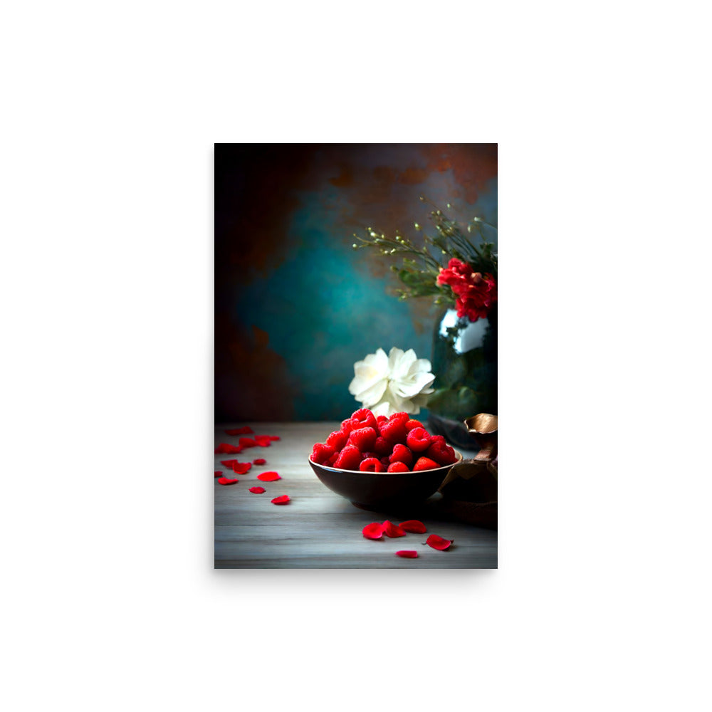 Art with raspberries in a bowl on a wooden table, a bouquet of flowers.