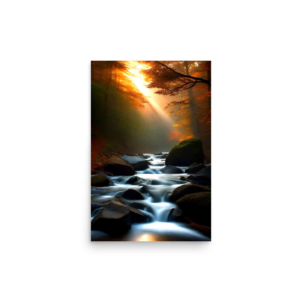 Winding stream flows through vibrant forest. Sunlight casts ethereal glow on waters, foliage. Moss-covered boulders protrude, forming cascades. Smooth flowing contrasts rugged rocks. Golden rays filter through branches, inviting sanctuary.