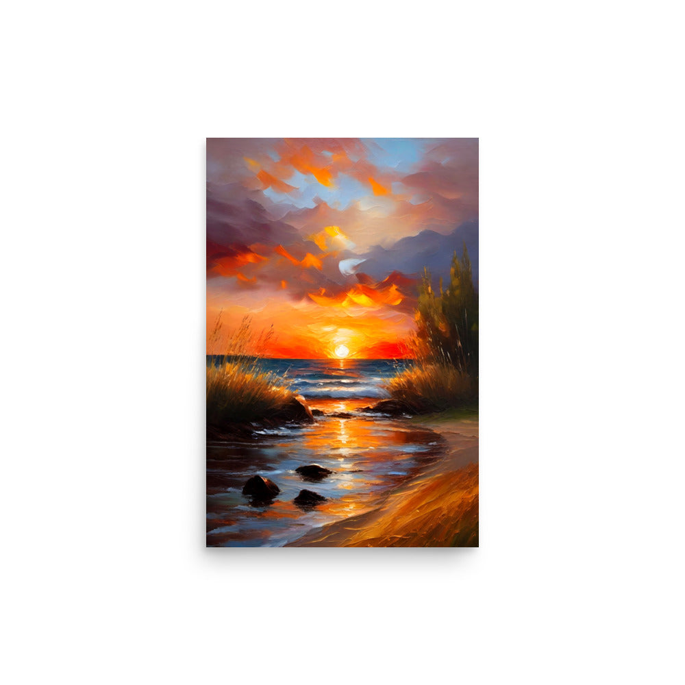 Sunset hues radiate beautifully over beach. Gentle waves bask in sun's warm glow. Vibrant painting captures serene seaside scene.