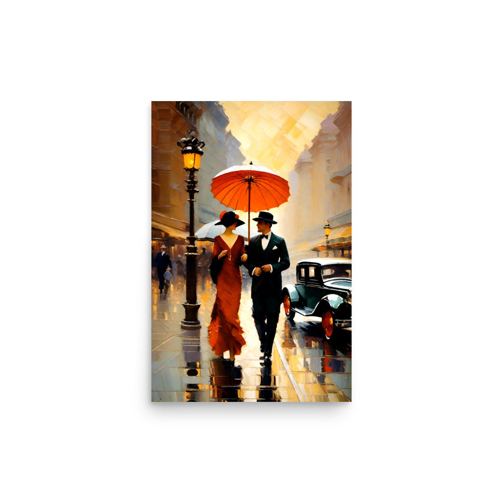 Elegantly dressed couple strolls arm-in-arm. He dons tuxedo, she red dress. Red umbrella shields them from rain-soaked street.