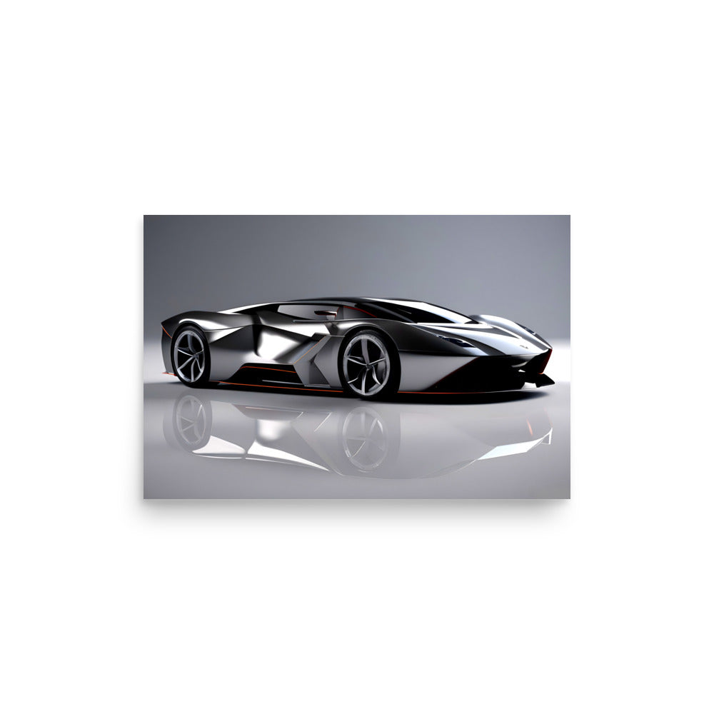 A supercar in a black and white poster art style, and a cool reflection on a mirrored floor.