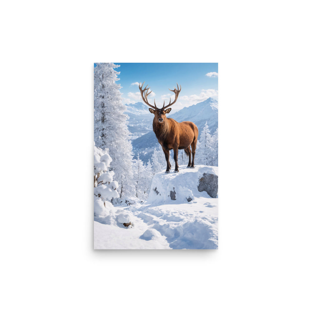 Majestic deer stands on snowy ground. Its impressive antlers contrast white backdrop. Towering mountains pierce blue skies behind it. Frosted trees complete winter wonderland scene.