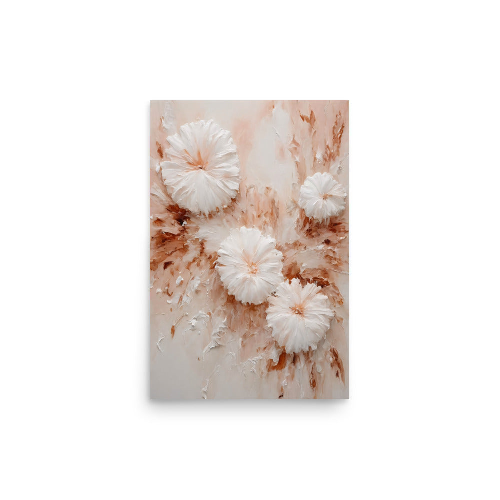 White blooms glow luminously, encircled by atmospheric peach and brown tones. Serene artwork radiates tranquility.