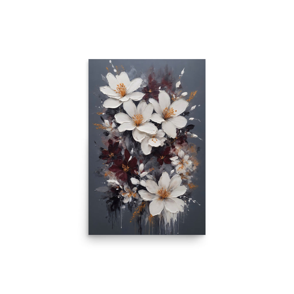 A dark gray painting with deep purple flowers mixed with large white flowers.