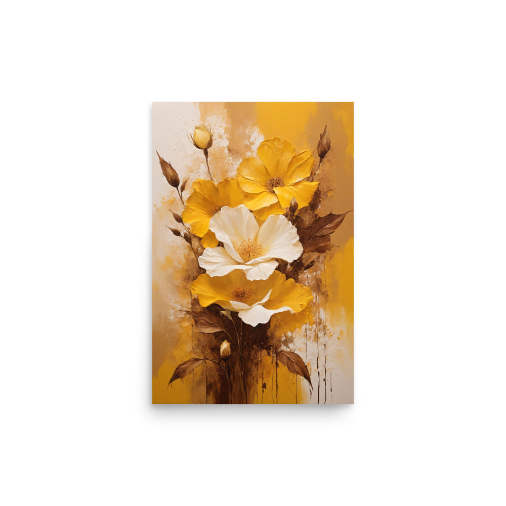 Yellow and white flowers fill canvas. Vibrant golden petals contrast creamy whites. Blooms, buds, stems in various stages. Warm earthy background with color splashes. Expressive brushstrokes radiate energy and joy.