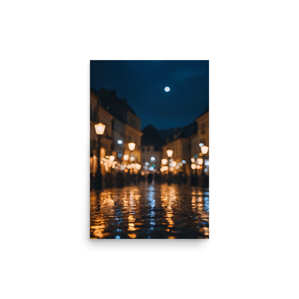 Cobblestones glistening under streetlamps paint town's scenery. Distinct architecture aligns canal-side buildings. Moon's radiance softly dances upon rippling waters. European nightscape enchantingly invites timeless beauty exploration.