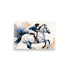 A female jockey on her beautiful white horse that's running, paint splashes in the background..