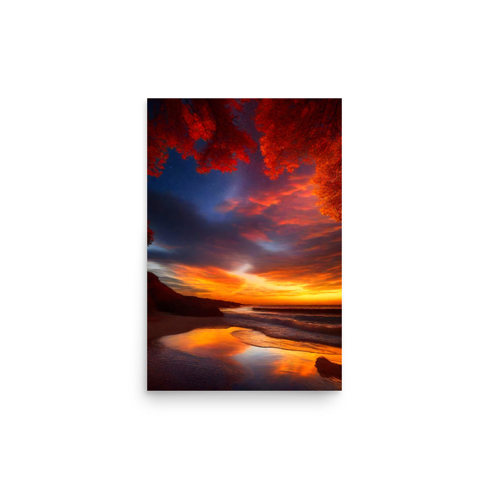 Fiery orange and red skies blaze. Mesmerizing clouds dance in vibrant hues. Wet sand mirrors majestic colors. Rugged cliff silhouette adds depth to tranquil waves. Nature's stunning canvas invites serene ambiance.