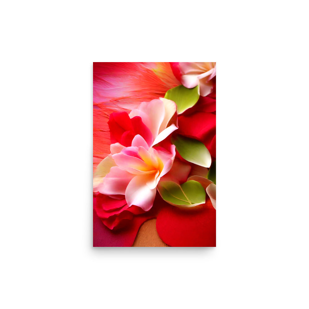 Vibrant tropical flowers fully bloom. Their delicate petals form intricate layers of fiery red, soft pink, and warm orange. Light and shadow accentuate textures and curves, creating depth. Bright yellow and green centers draw eyes inward, blending bold colors with delicate forms.