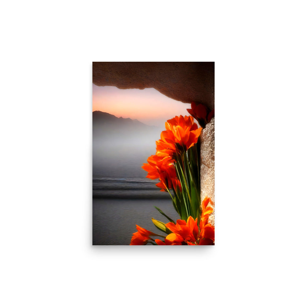 Vibrant orange tulips emerge from rocks. Soft evening hues reflect on tranquil lake. Misty mountains loom in distance. Light and shadow create stunning contrast. Natural elements coexist harmoniously in wonder.