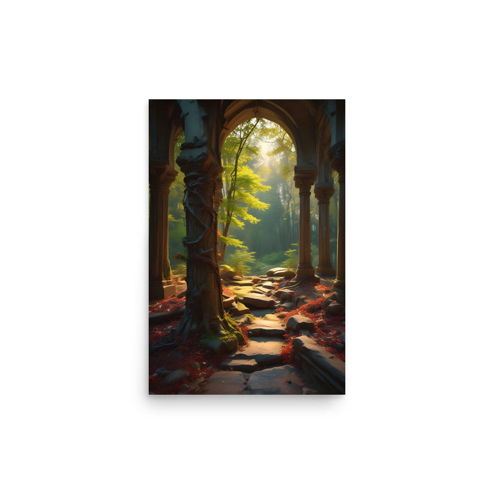 Fallen leaves display warm autumnal hues. Intricately carved stone arches frame vibrant forest path. Towering golden trees stretch into misty distance. Magical light beckons woodland exploration journey.