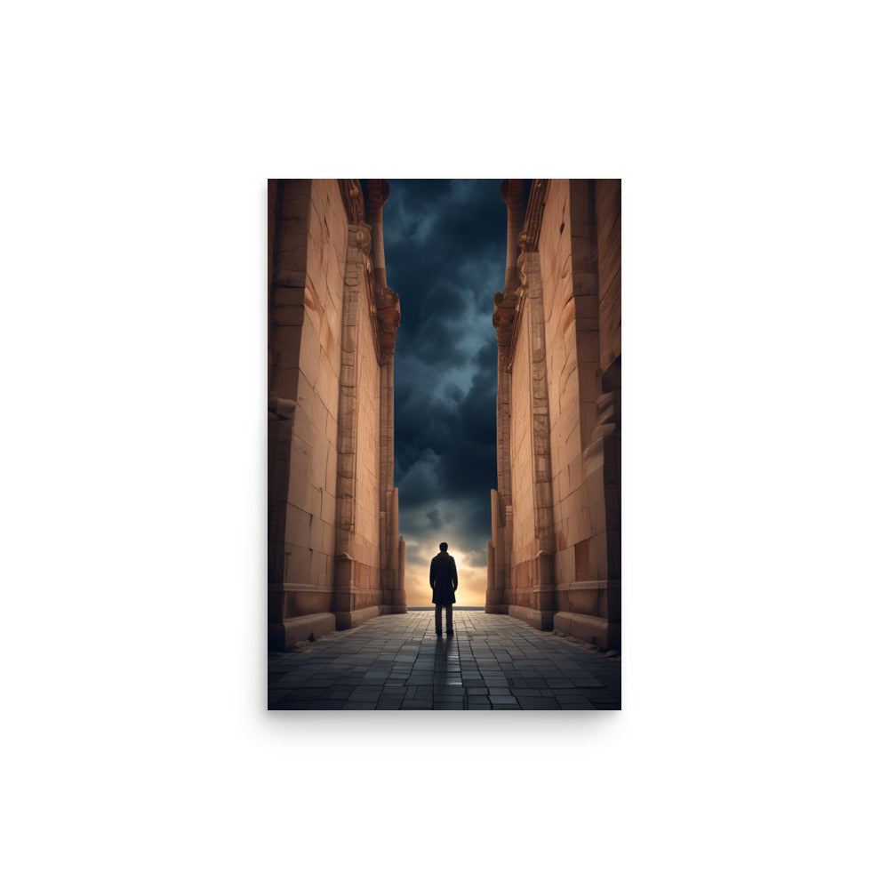 A solitary figure stands between columns. A pathway guides toward silhouetted person against sky. Ominous clouds emit eerie glow over architecture. Isolation contrasts with grandeur, evoking contemplation.