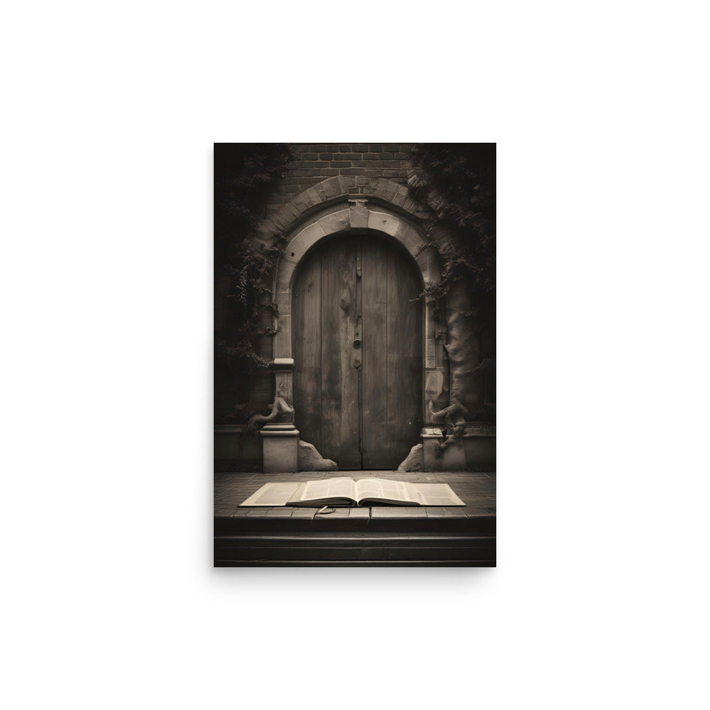 Ornate metalwork adorns heavy entrance gateway. Aged stone archway holds mystical door portal. Open book invites passage through timeless threshold. Imagination awakens beyond archway's alluring doorway.