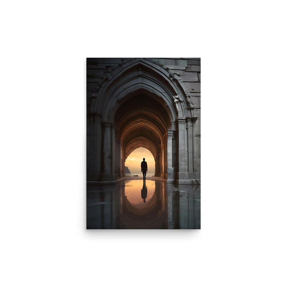 A solitary wanderer's silhouette strolls an arched path. Ornate columns flank the corridor's dark interior. Warm backlight beckons the exit's mystery. A reflection pool mirrors contrasting scene tones. The viewer yearns to follow the figure's enigma.