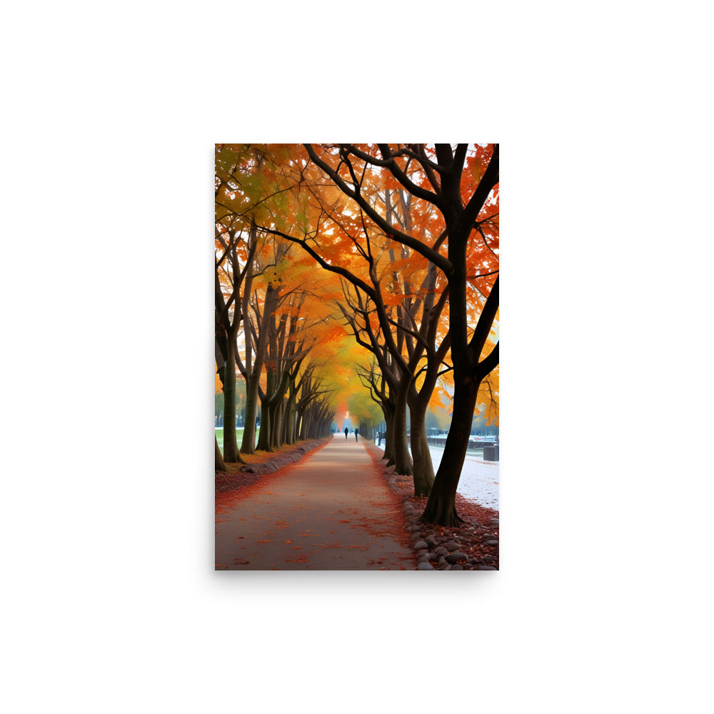 Vibrant orange and red hues adorn tree leaves lining path winding through foliage. Scattered leaves cover ground as figures stroll along misty distance. Bare twisted branches contrast brilliant fall colors, creating atmosphere of mystery.