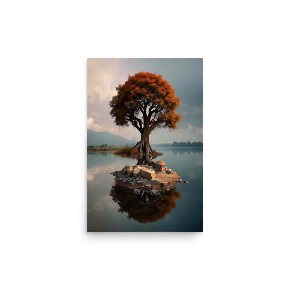 Serene lake perfectly reflects lone tree. Vibrant orange leaves contrast muted mountains. Twisted trunk and branches mirror tranquility. Rocks ground tree as distant peaks lend grandeur.