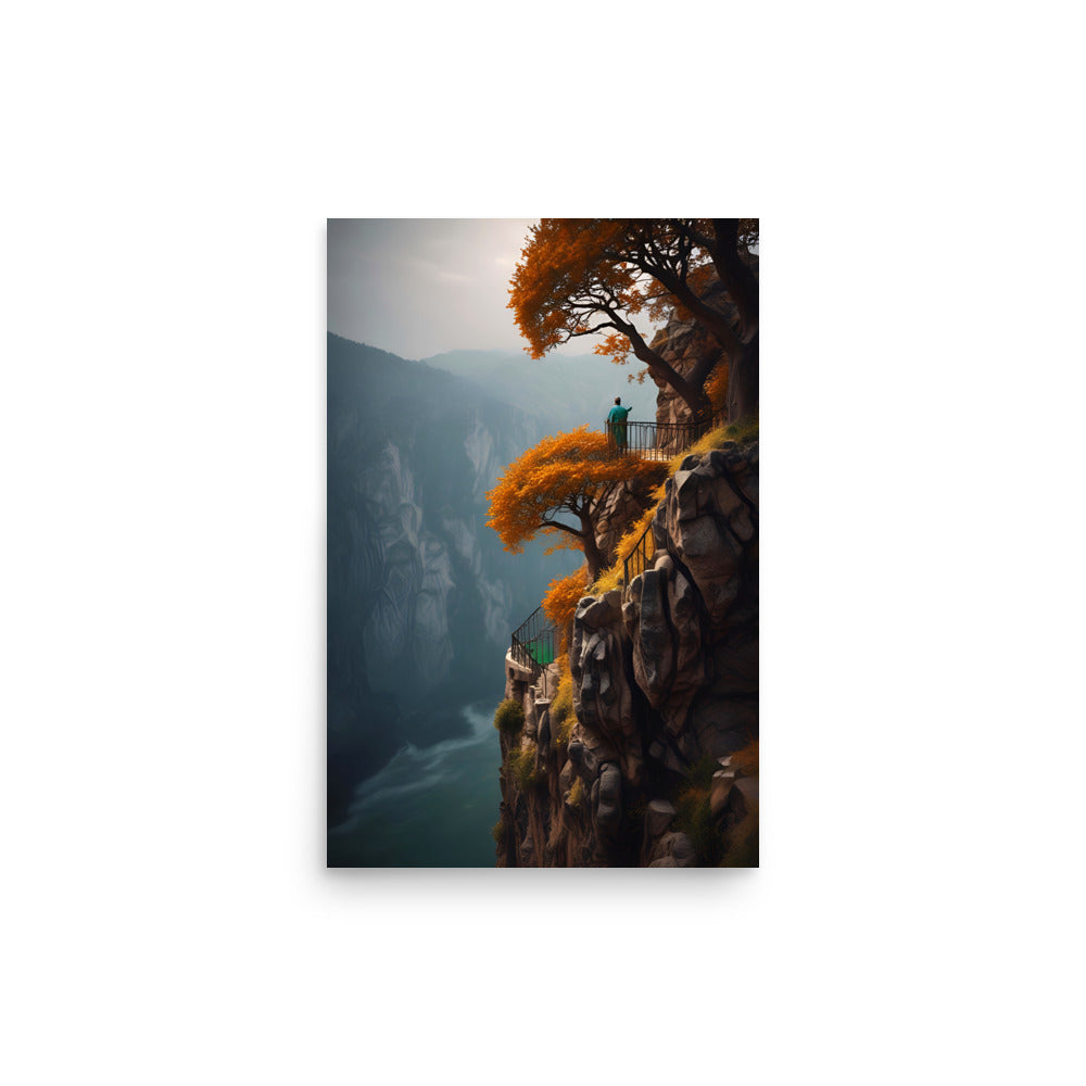 Winding walkways meander through surreal landscape. Orange trees defyingly grow on cliffside. Twisted branches contrast misty blue mountains. Solitary figure observes nature's grand beauty. Tranquility and awe permeate this scene.