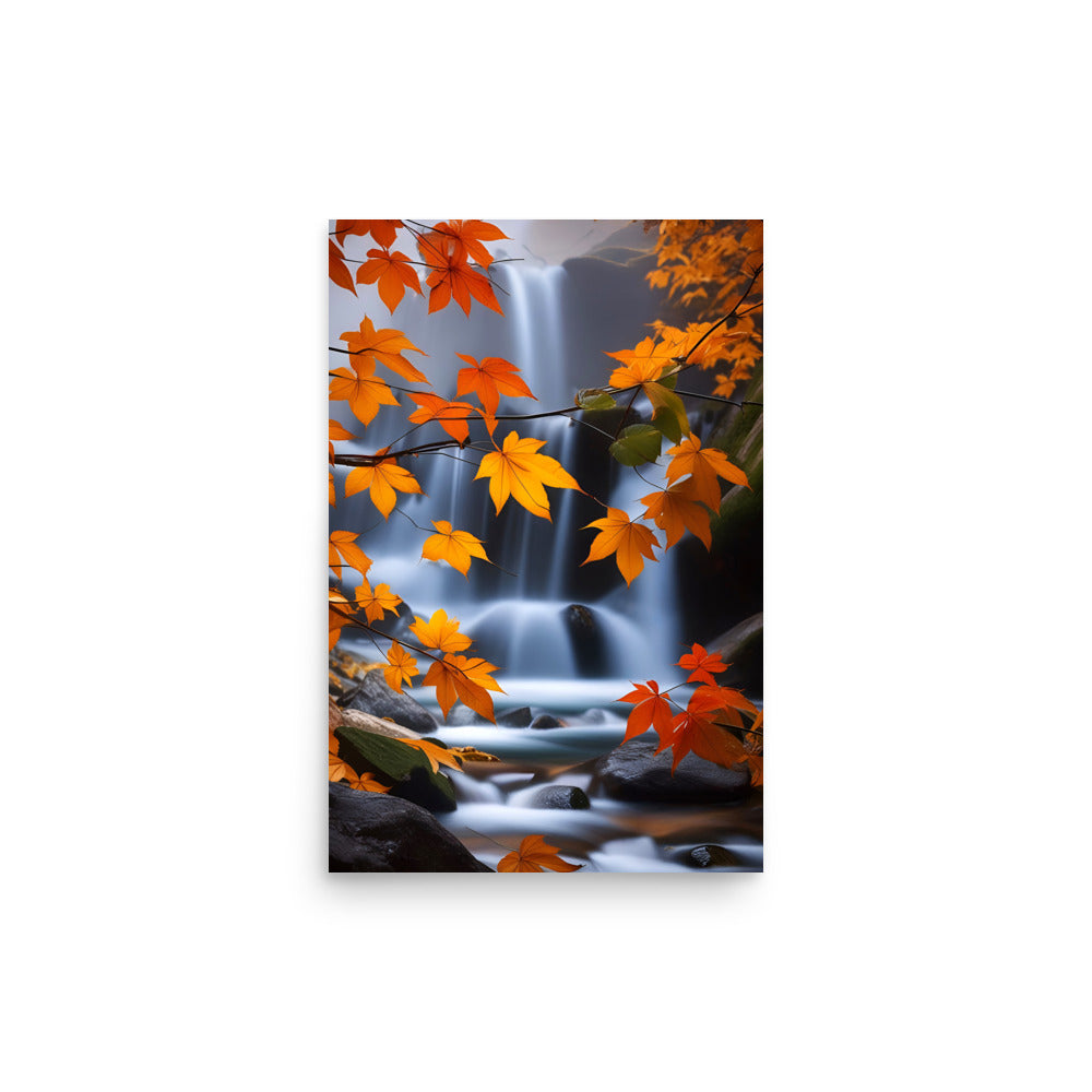 Autumn foliage casts vibrant orange hues. A picturesque waterfall cascades through scenic surroundings, creating a breathtaking natural vista.