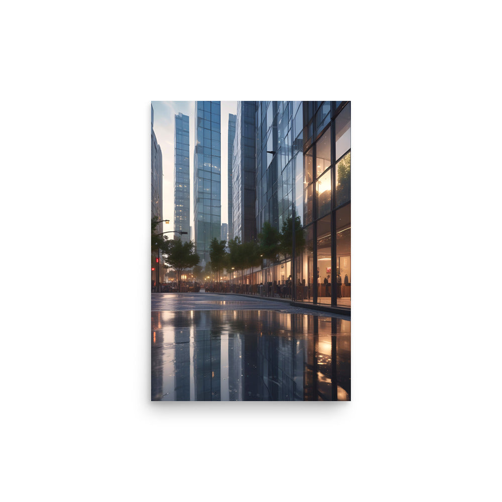 Skyscrapers reflect warm sunset tones. Tranquil pool mirrors towering structures perfectly. Buildings showcase sleek geometric lines, large windows. Trees line walkway amid concrete jungle. Serenity and urban harmony coexist captivating scene.