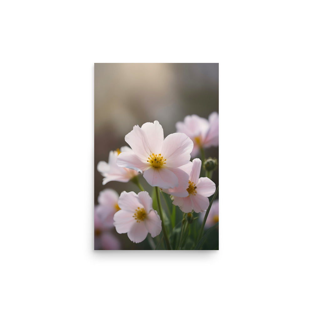 Pale pink cosmos flowers fill frame completely. Soft petals unfurl, revealing vibrant centers vividly. Various blooming stages displayed by blossoms. Green stems blur surroundings, forming backdrop. Delicate, charming blooms exude tranquil essence.