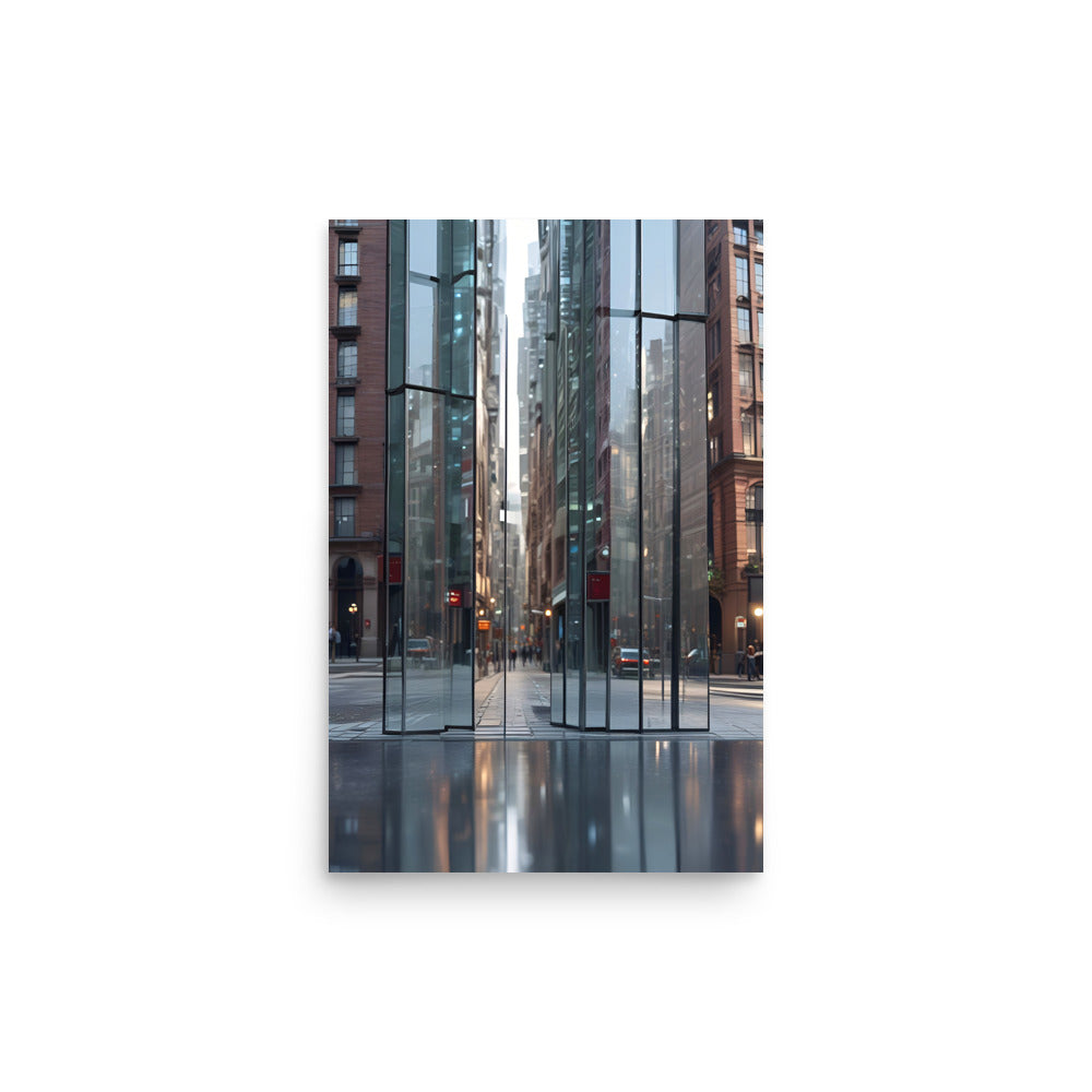 Towering skyscrapers lined glistening wet city avenue. Their sleek facades mirrored visuals of recent rainfall. Visible traffic hinted at vibrant metropolitan jungle.