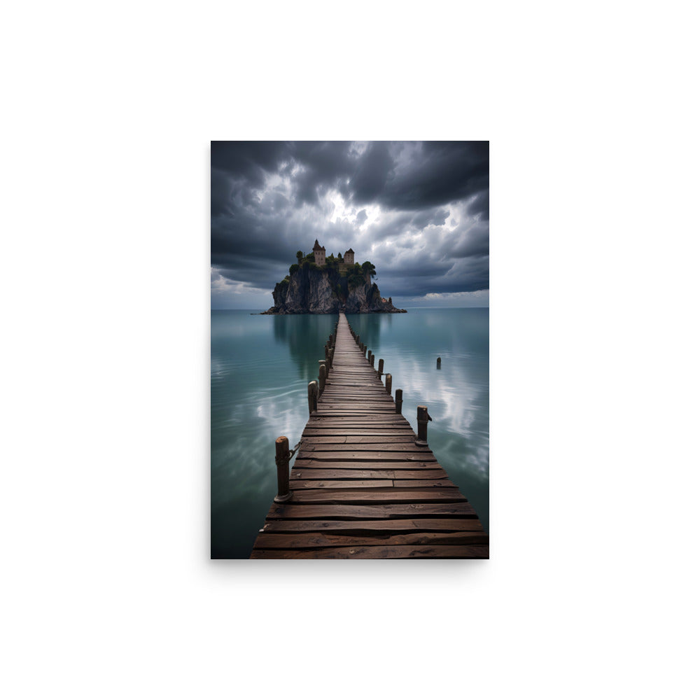 Medieval castle commands rocky island's peak. Wooden walkway connects shore to towering walls. Sunlight pierces dramatic clouds. Serene turquoise waters mirror enchanting scene. Evoking mystery and legends from ages past.