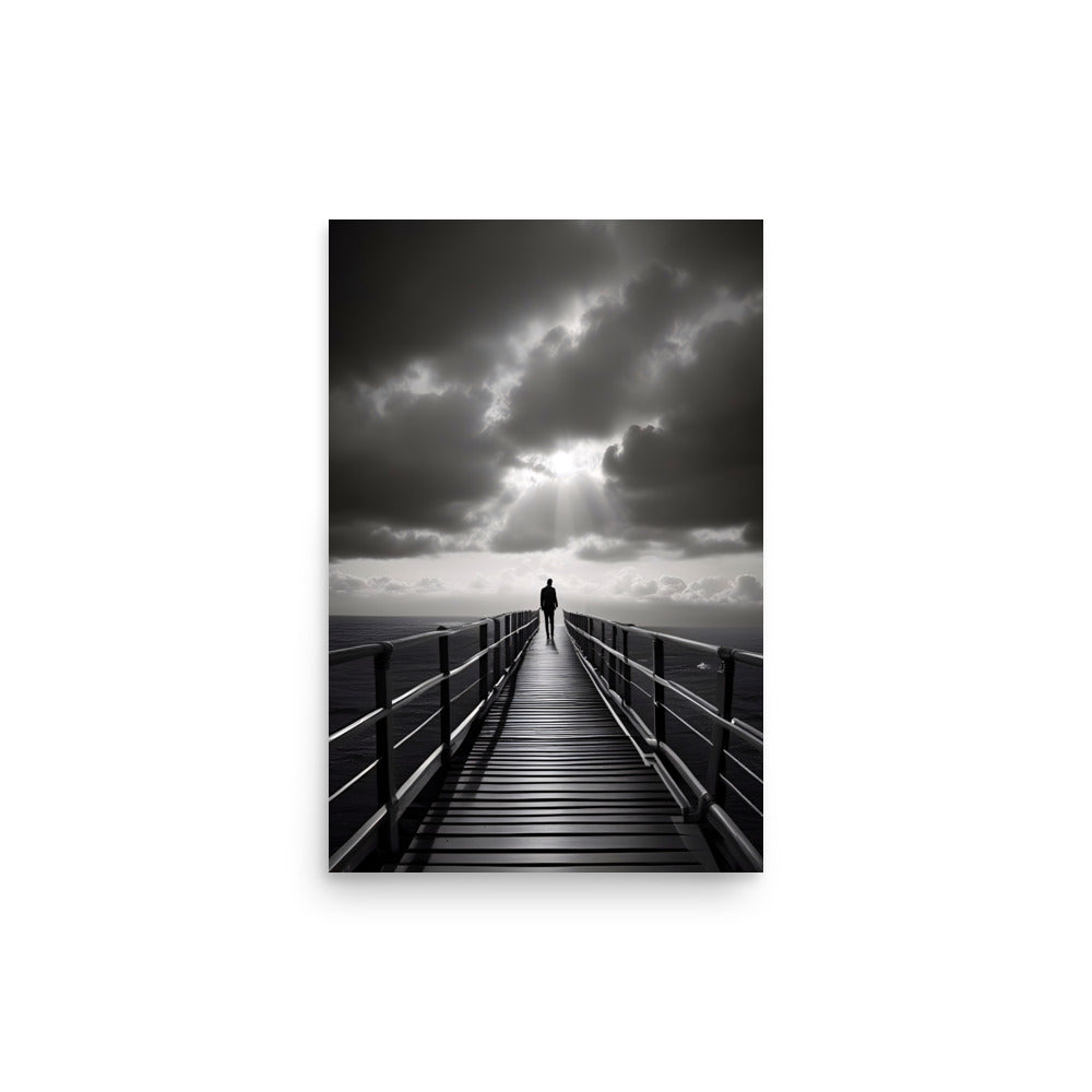 Solitary figure walks winding wooden path. Dramatic clouds fill sky as beams pierce through. Tranquil atmosphere evokes sense of peace.