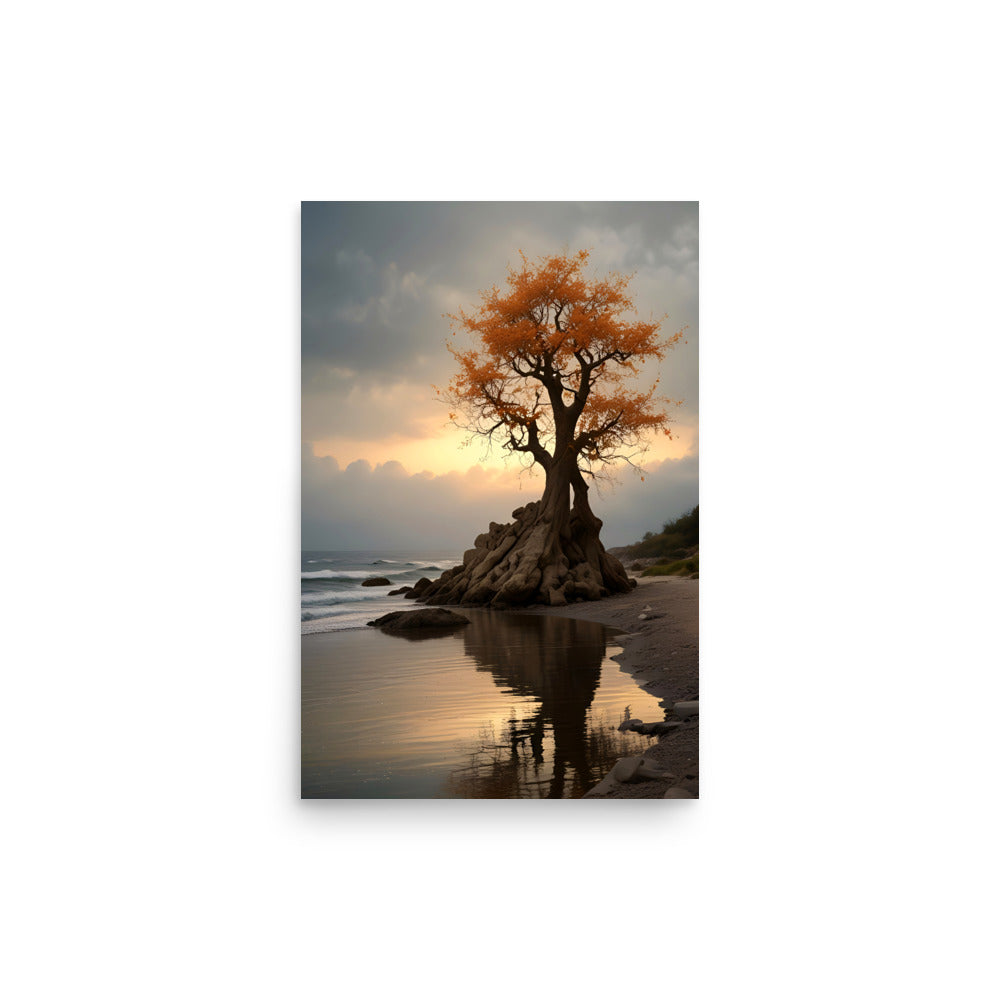 Vibrant orange foliage adorns tall tree. Twisted trunk, gnarled branches withstand elements. Moody sky, crashing waves contrast. Reflection creates mirror image in shallow pool. Muted beach tones, dramatic clouds convey solitude, resilience.