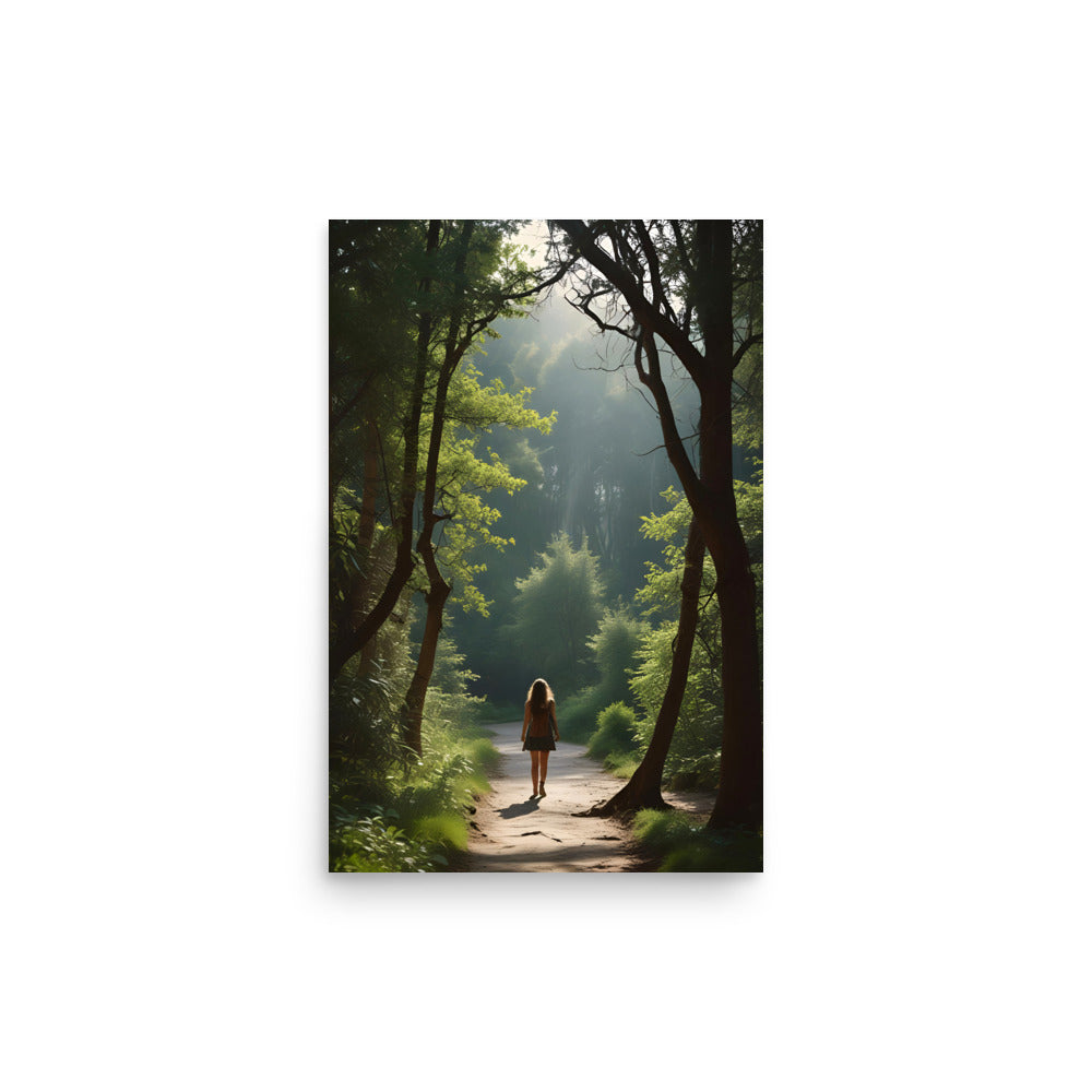 Winding through dense foliage, serene forest path glistens in dappled sunlight. Golden hues filter through twisted branches. A lone woman walks ahead, adding intrigue to lush green scenery inviting exploration.