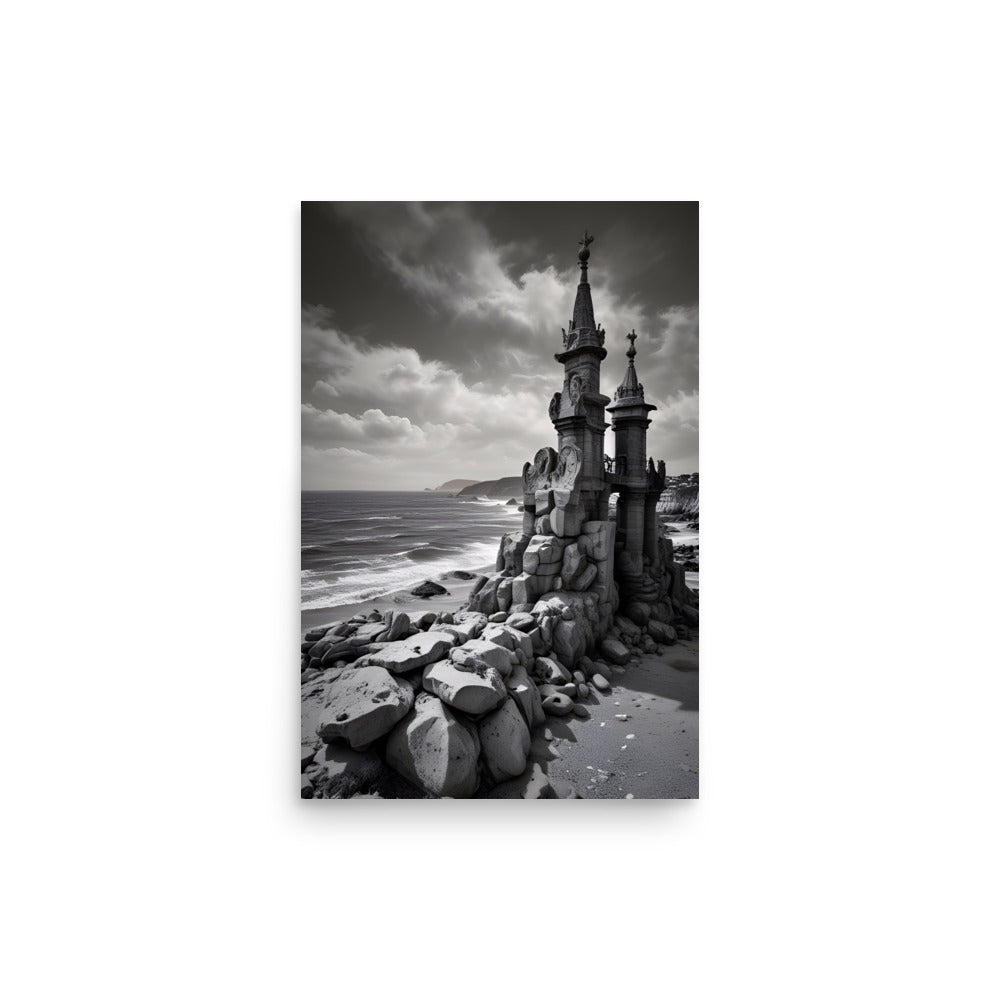 The monochromatic coastal artwork portrays ocean waves crashing intensely. An intricate tower is encircled by boulders. Turbulent clouds loom ominously overhead.