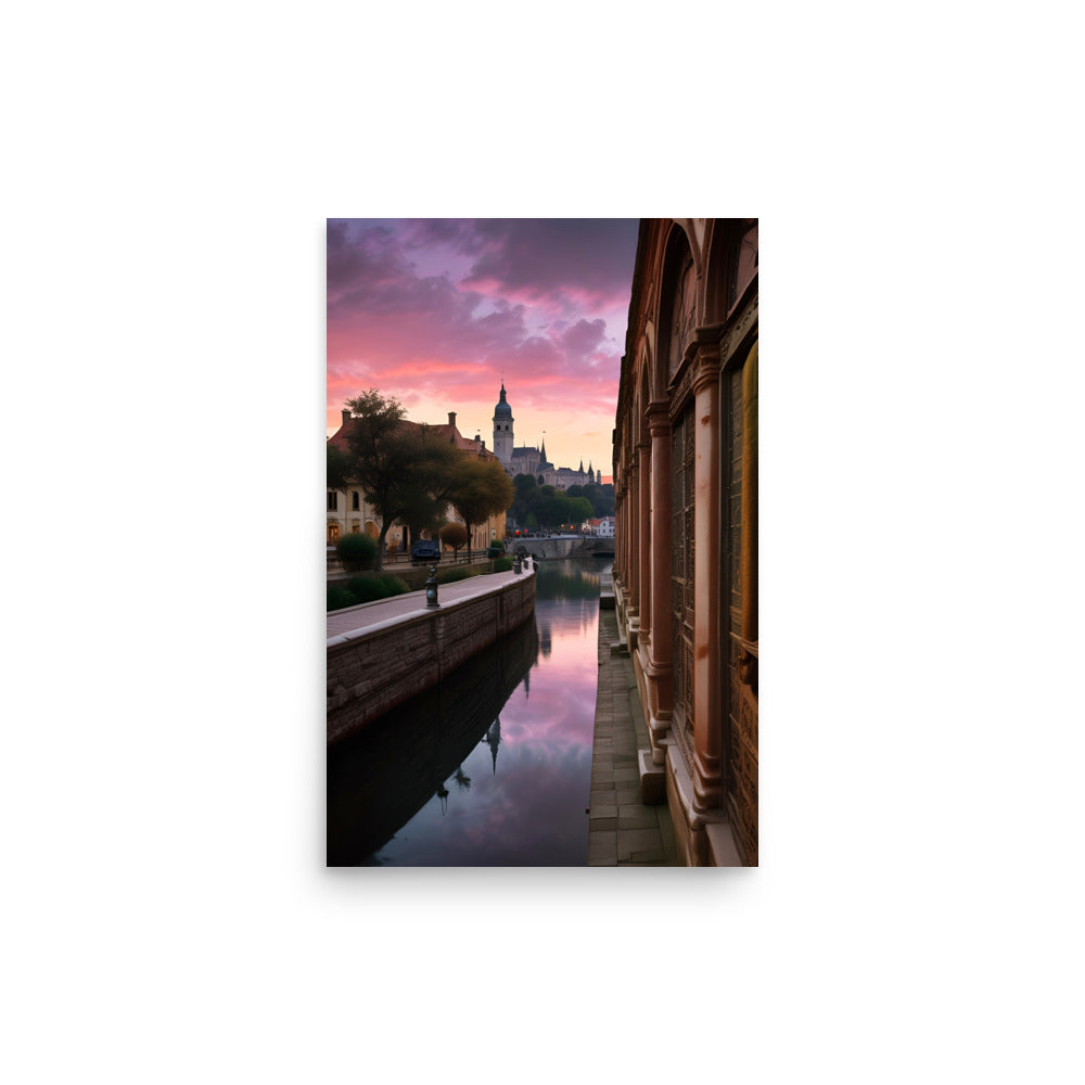 Vibrant sunset captures historic canal scenery. Brilliant sky colors reflect on tranquil waters. Charming old structures line waterway edges. Distant church silhouette adds majestic grandeur. Solitary figure crosses bridge in serene tranquility.